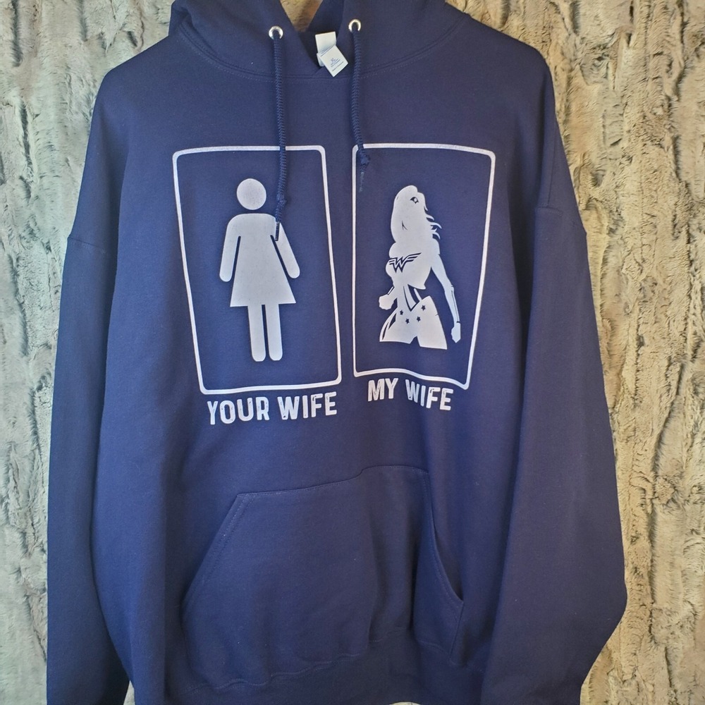 Your Wife My Wife Plain Jane Vs Superhero Adult XL Unisex Navy Blue Hoodie NWOT - Picture 2 of 5